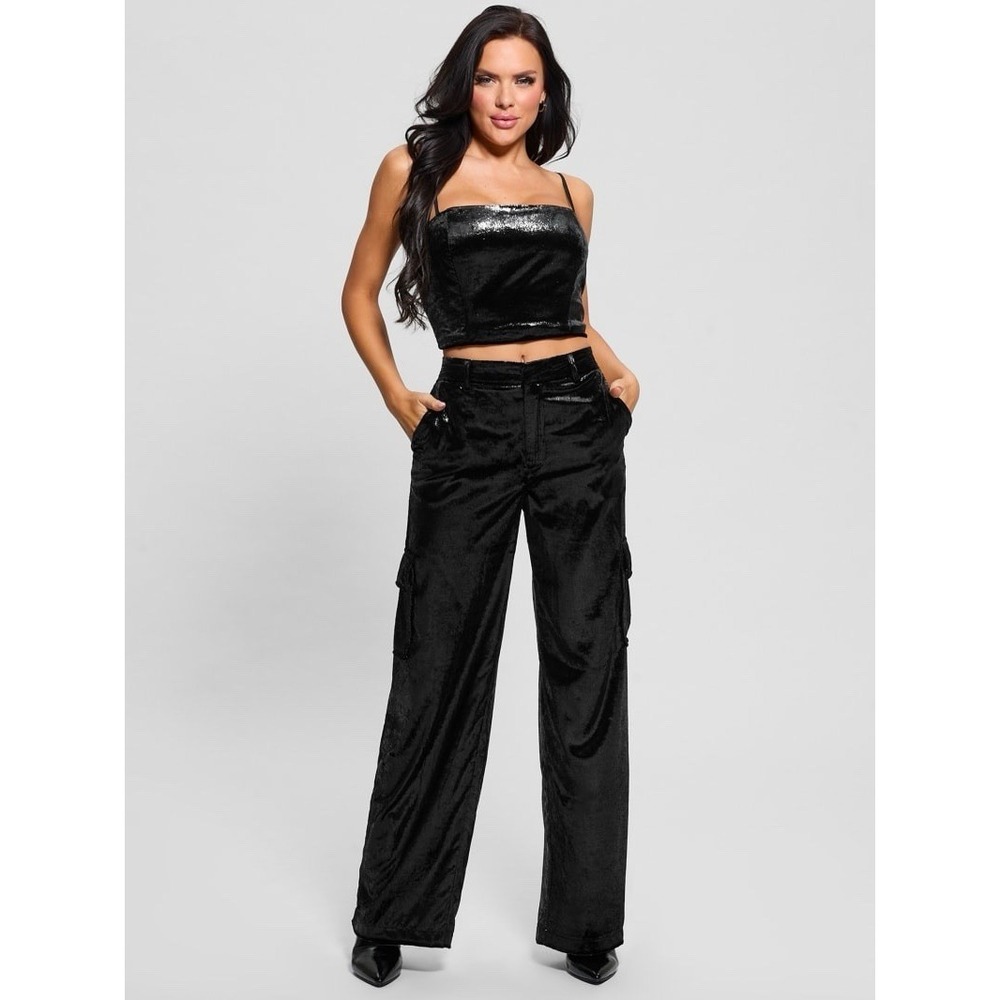 Guess Jolie Velvet Cargo Pants Black Womens XS High Rise Wide Leg Pockets